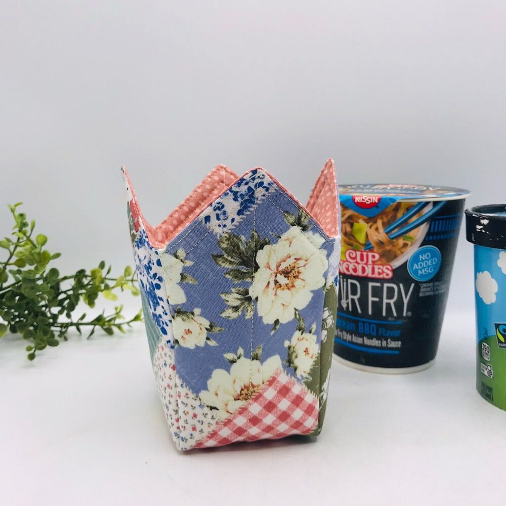 Microwave Pint Size Cozy, Reversible, Cottage Core Patchwork Rose Cream Blue
